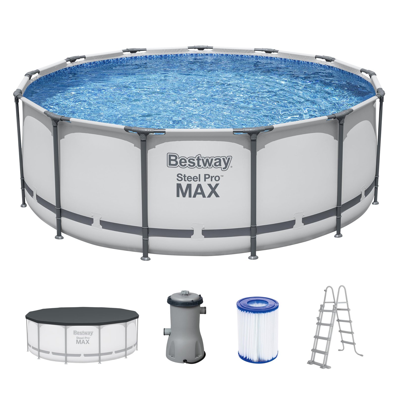 81sfTHCZMwL Bestway Steel Pro MAX Aufstellpool Ø396x122cm, lichtgrau, rund, Filterpumpe – Bild 1